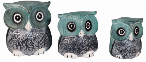 Zestaw trzech sów z drewna  - wys.  7.5 cm,  8.5 cm,  10 cm  / 4 kolory   67566