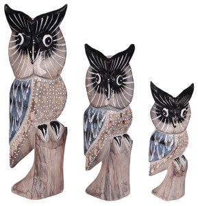 Zestaw trzech sów z drewna - wys. 15 cm, 20 cm, 25 cm /  4 kolory