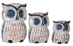 Zestaw trzech sów z drewna  - wys.  12 cm,  15 cm,  20 cm / 3 kolory