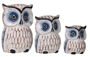 Zestaw trzech sów z drewna  - wys.  12 cm,  15 cm,  20 cm / 3 kolory