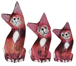 Zestaw trzech kotów z drewna - wys. 10.5 cm, 13 cm, 15 cm / 4 kolory 